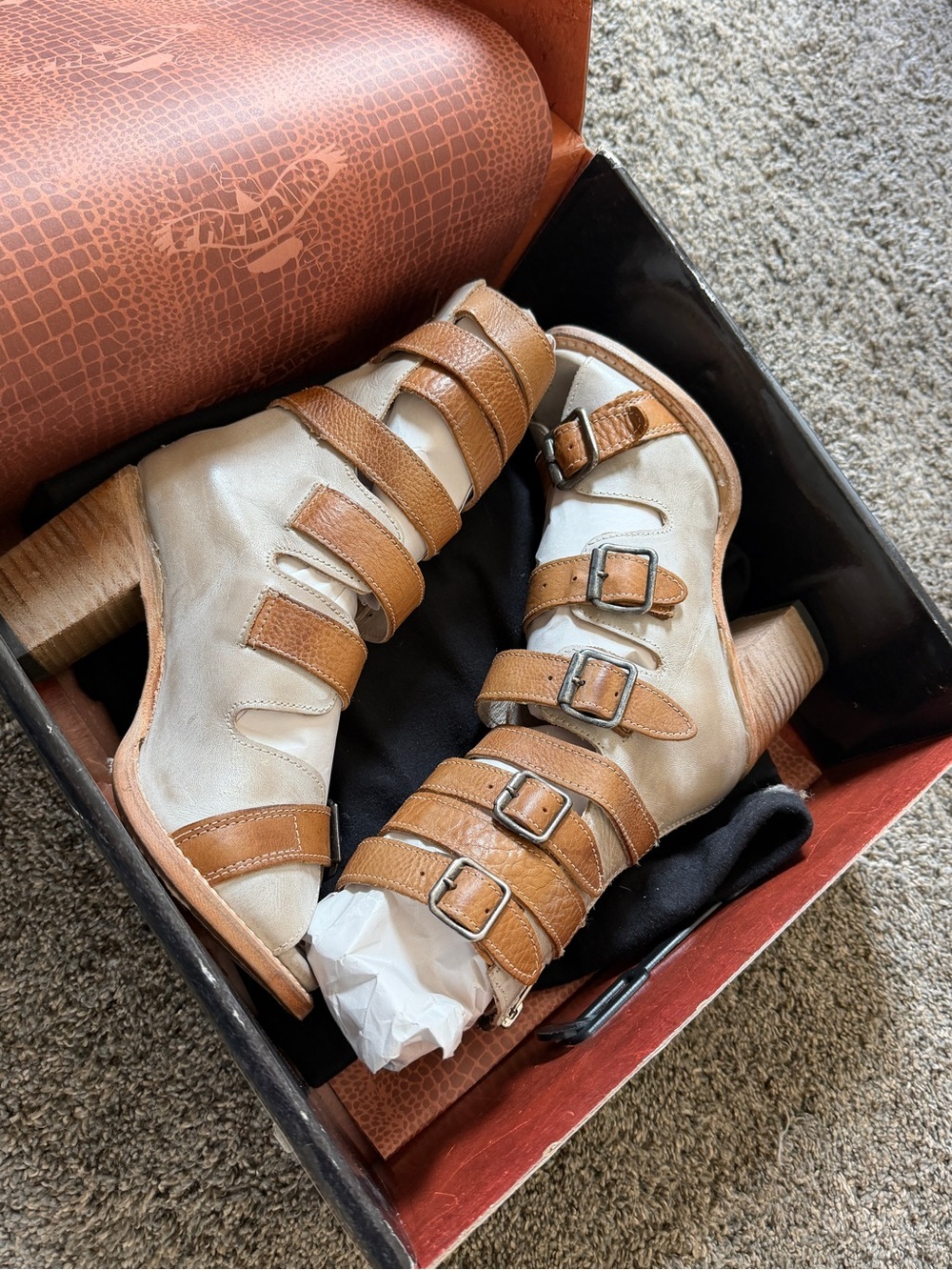 Freebird Bonds - Beige and Tan Strappy Block Heel Sandals - Picture 7 of 8
